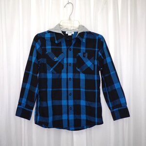 Old Navy Boys Plaid Button Up Shirt Hoodie Size Small Blue Black Pockets School